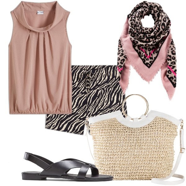 Outfit donna - Total look #1909912. Stile Etnico per Tutti i giorni. Abbinamento con top, sandali, pantaloni corti, borse a mano, foulard.