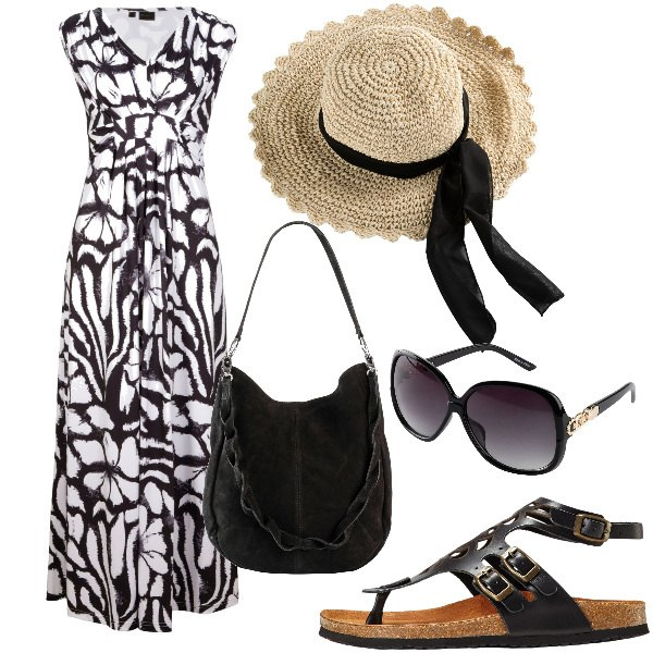 Outfit donna - Total look #1909914. Stile Romantica per Tutti i giorni. Abbinamento con cappelli, occhiali da sole, vestiti lunghi, sandali in pelle, borse a mano.