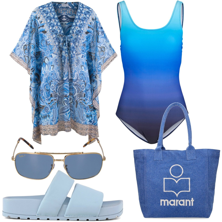 Outfit donna - Mare blu fantasia. Stile Glamour per Mare. Abbinamento con vestiti da spiaggia, costumi interi, ciabatte, occhiali da sole, shopping bag.