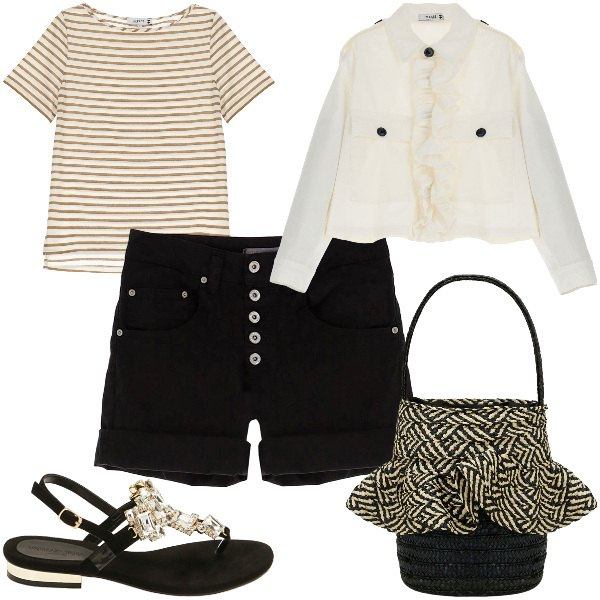Outfit donna - Total look #1909930. Stile Casual chic per Tutti i giorni. Abbinamento con shorts, blazer, t-shirt, ciabatte, borse a secchiello.
