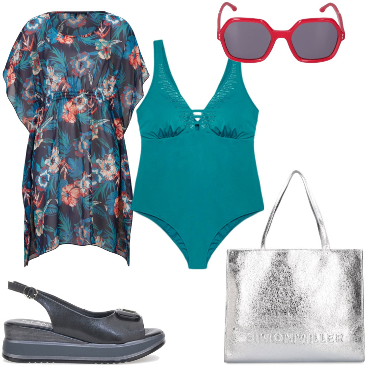 Outfit donna - Vado al mare. Stile Glamour per Mare. Abbinamento con vestiti da spiaggia, sandali in pelle, costumi interi, shopping bag, occhiali da sole.
