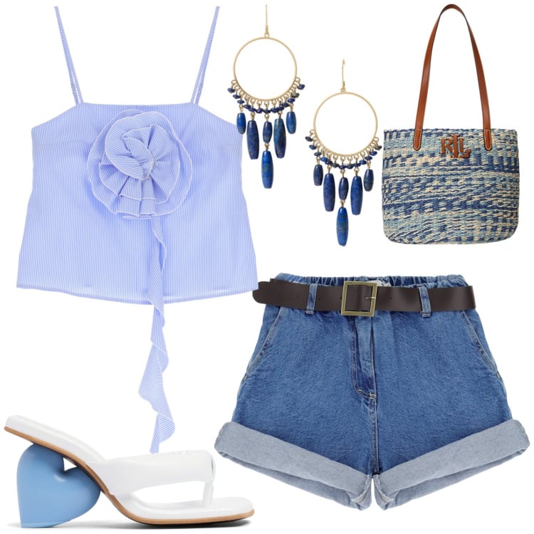 Outfit donna - Total look #1909940. Stile Casual per Tutti i giorni. Abbinamento con top, shorts, borse tote, orecchini, sandali in pelle.