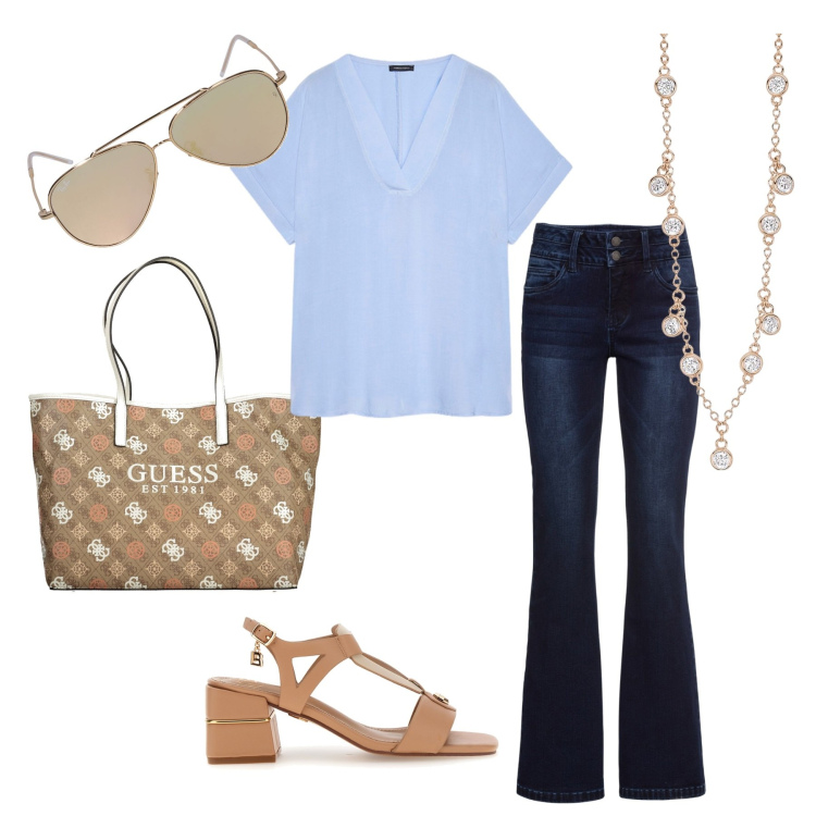 Outfit donna - Ultimi giorni in ufficio. Stile Bon Ton per Ufficio. Abbinamento con jeans bootcut, collane, sandali col tacco, bluse, borse a spalla, occhiali da sole.