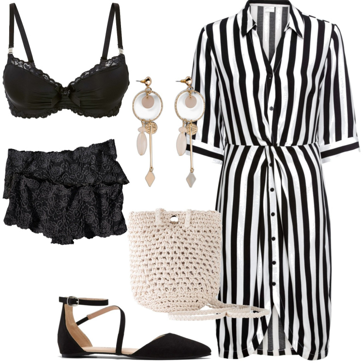 Outfit donna - Total look #1909947. Stile Casual per Mare. Abbinamento con culotte, orecchini, vestiti chemisier, borse a tracolla, ballerine, reggiseni.