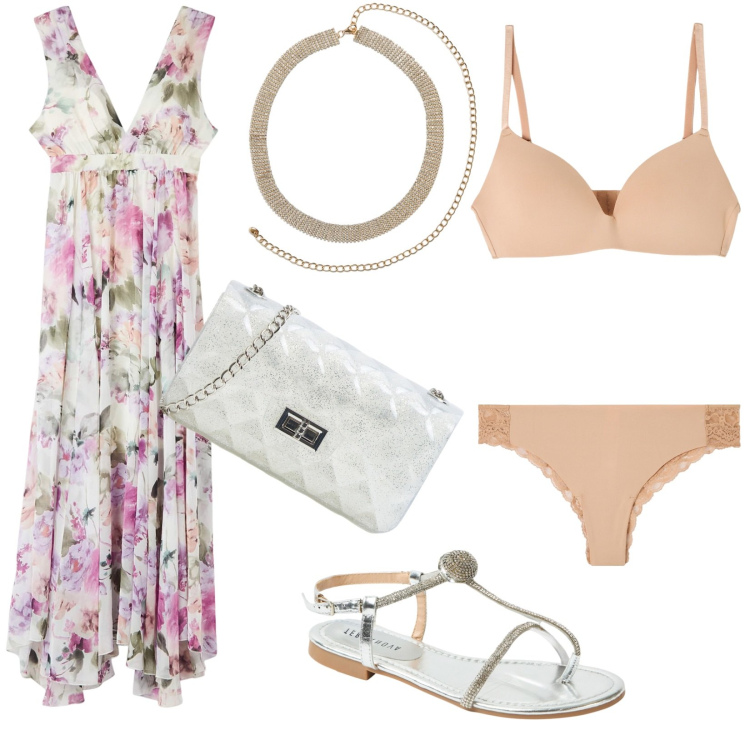 Outfit donna - Serata romantica. Stile Romantica per Serata fuori. Abbinamento con borse a tracolla, vestiti lunghi, reggiseni, collane, ciabatte, culotte.