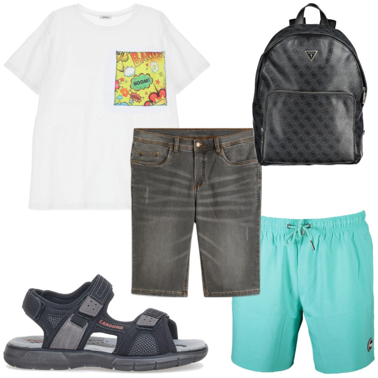 Outfit uomo - Total look #1909965. Stile Trendy per Mare. Abbinamento con bermuda, t-shirt, costumi, borse sportive, sandali.