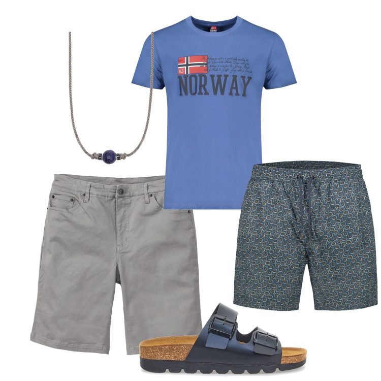 Outfit uomo - Al mare. Stile Casual per Tutti i giorni. Abbinamento con bermuda, collane, sandali, t-shirt, costumi.