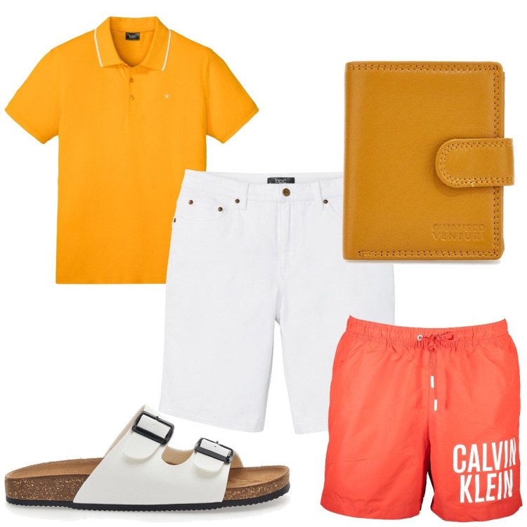 Outfit uomo - Total look #1909988. Stile Trendy per Mare. Abbinamento con bermuda, polo, portafogli, sandali, costumi.