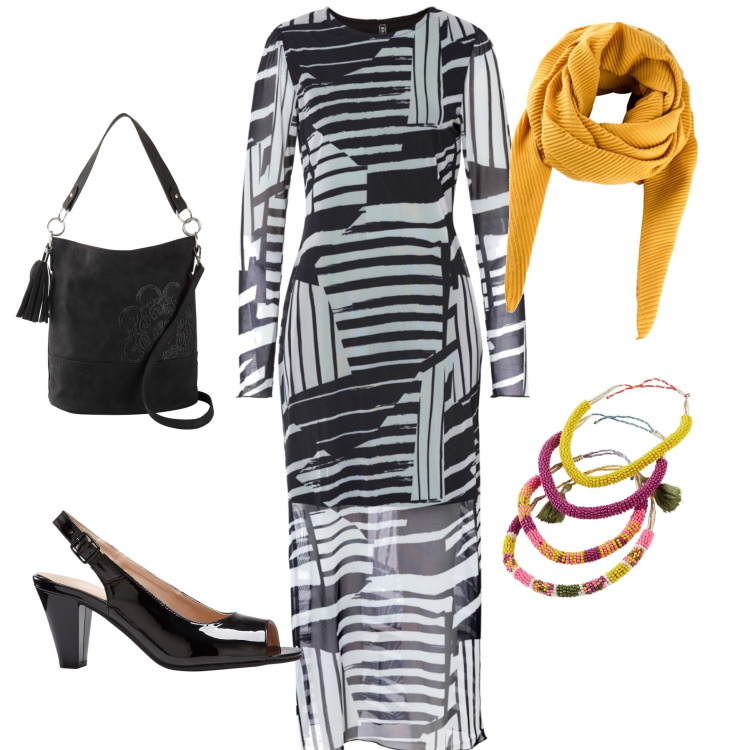 Outfit donna - Zebra bon ton per ufficio. Stile Urban per Ufficio. Abbinamento con foulard, borse a mano, vestiti, décolleté, braccialetti.