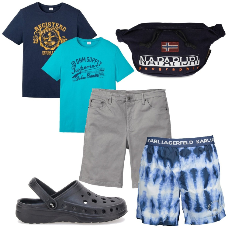 Outfit uomo - Total look #1910002. Stile Trendy per Mare. Abbinamento con bermuda, t-shirt, borse sportive, costumi, sandali.