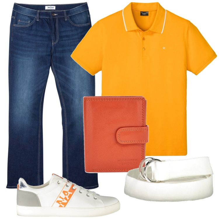 Outfit uomo - Total look #1910011. Stile Trendy per Tutti i giorni. Abbinamento con jeans bootcut, polo, portafogli, cinture, sneakers.