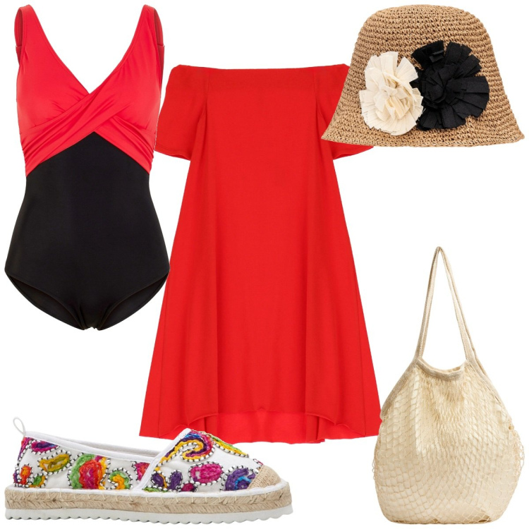 Outfit donna - Bantoa Summer Sales: il vestito rosso. Stile Trendy per Mare. Abbinamento con espadrillas, costumi interi, borse a tracolla, vestiti corti, cappelli.