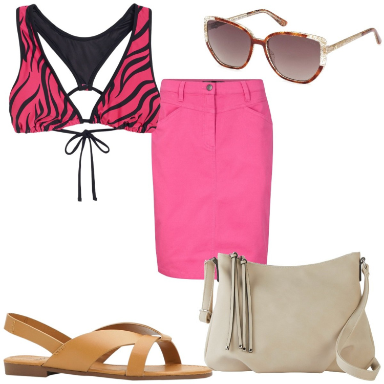 Outfit donna - Bantoa Summer Sales: curvy in rosa. Stile Trendy per Mare. Abbinamento con sandali, gonne, borse a tracolla, bikini, occhiali da sole.