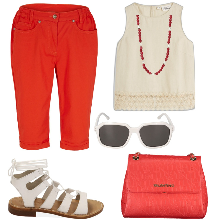 Outfit donna - Cherry red passion. Stile Casual chic per Tutti i giorni. Abbinamento con bermuda, top, collane, sandali alla schiava, occhiali da sole, borse a spalla.