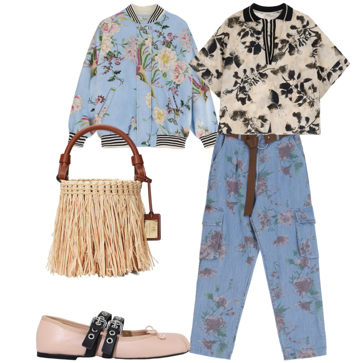 Outfit donna - Flowers. Stile Bon Ton per Tutti i giorni. Abbinamento con camicie a manica corta, blazer, ballerine, jeans, borse a secchiello.