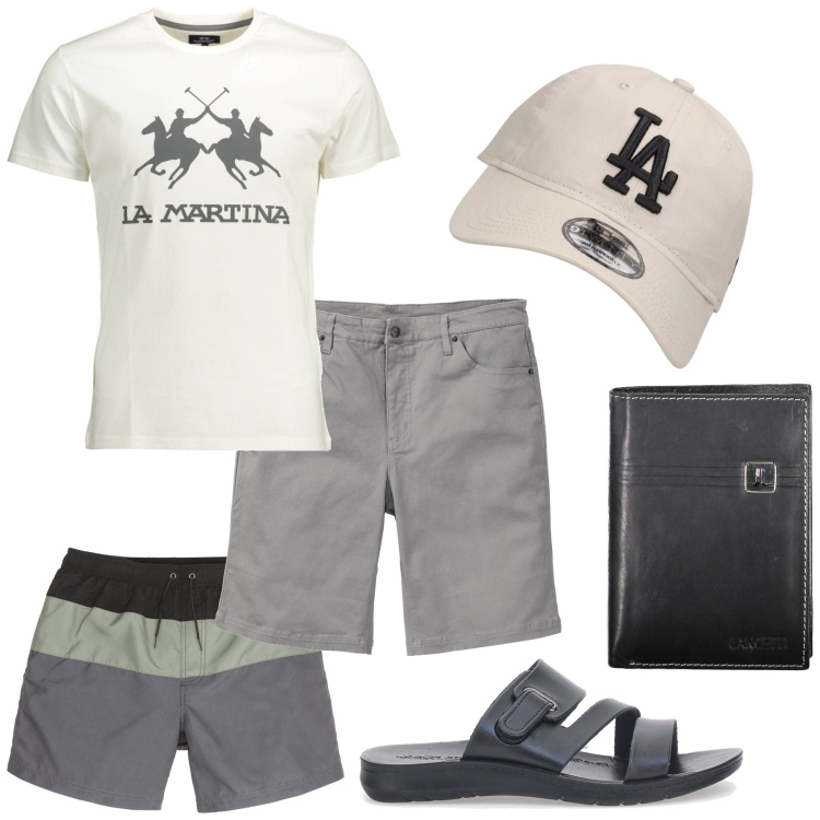 Outfit uomo - Gita in barca. Stile Casual per Mare. Abbinamento con bermuda, costumi, t-shirt, sandali, portafogli, cappelli.