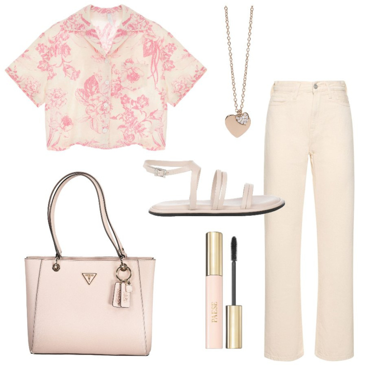 Outfit donna - Shopping in centro (per pink addicted). Stile Casual chic per Tutti i giorni. Abbinamento con sandali in pelle, mascara, ciondoli, camicie a manica corta, jeans dritti, borse a spalla.