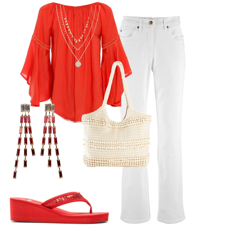 Outfit donna - Total look #1910059. Stile Casual per Tutti i giorni. Abbinamento con shopping bag, collane, orecchini, jeans bootcut, bluse, infradito.