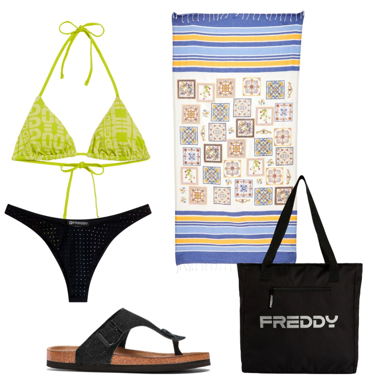 Outfit donna - Verde lime. Stile Basic per Mare. Abbinamento con infradito, shopping bag, bikini, bikini, vestiti da spiaggia.