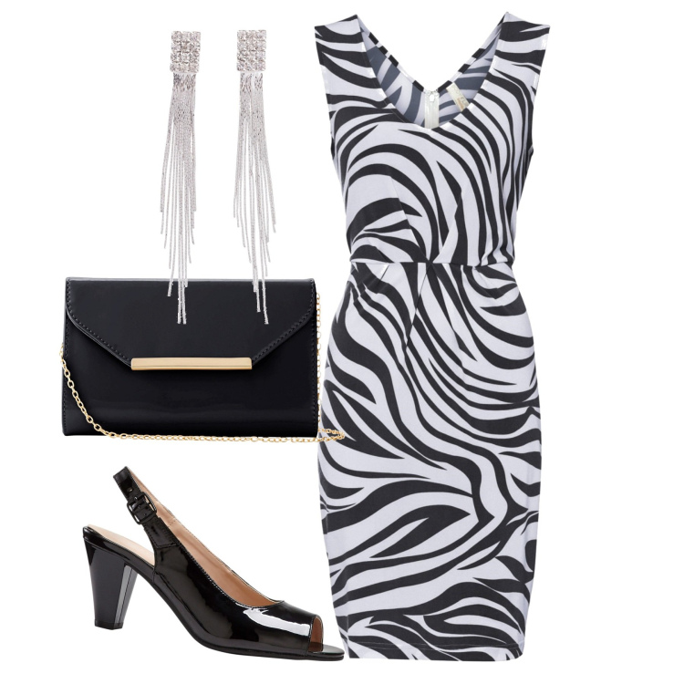 Outfit donna - Il tubino fantasia zebrata. Stile Chic per Tutti i giorni. Abbinamento con orecchini, vestiti, décolleté, pochette.