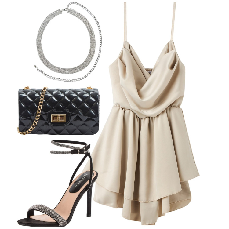 Outfit donna - Serata. Stile Trendy per Serata fuori. Abbinamento con cinture, borse a tracolla, tuta corta, sandali col tacco.