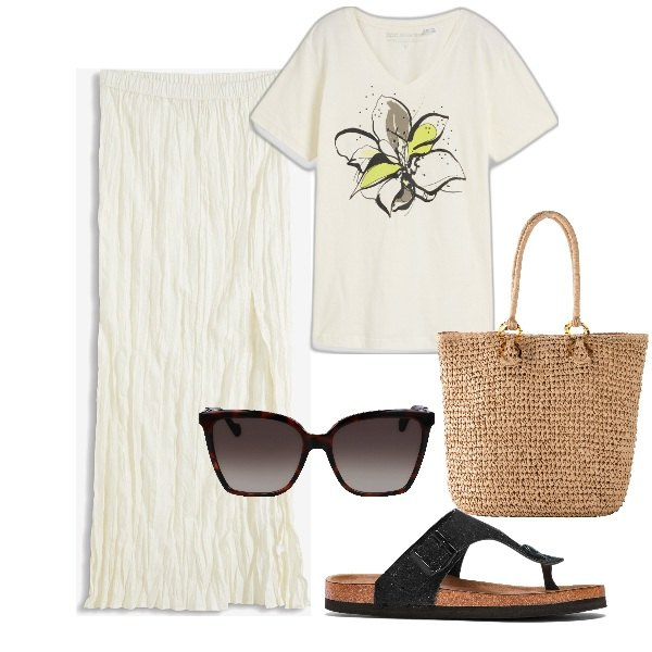 Outfit donna - In estate. Stile Romantica per Tutti i giorni. Abbinamento con gonne lunghe, infradito, t-shirt, shopping bag, occhiali da sole.
