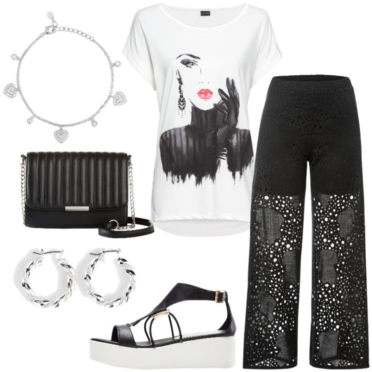 Outfit donna - Super trendy. Stile Trendy per Tutti i giorni. Abbinamento con pantaloni, orecchini, maglieria, sandali col tacco, borse a tracolla, braccialetti.