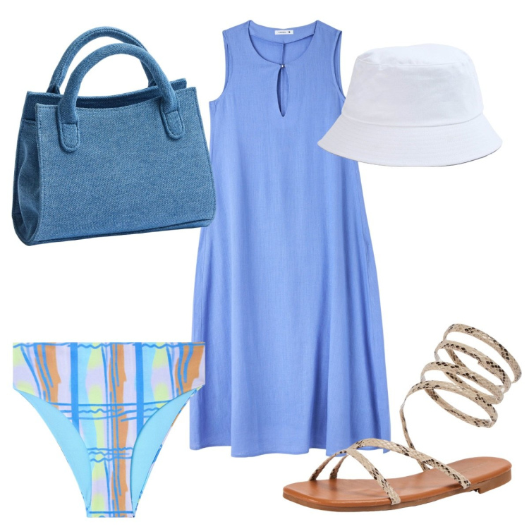 Outfit donna - Terranova: estate in azzurro. Stile Trendy per Mare. Abbinamento con bikini, vestiti senza maniche, borse a tracolla, cappelli, sandali.