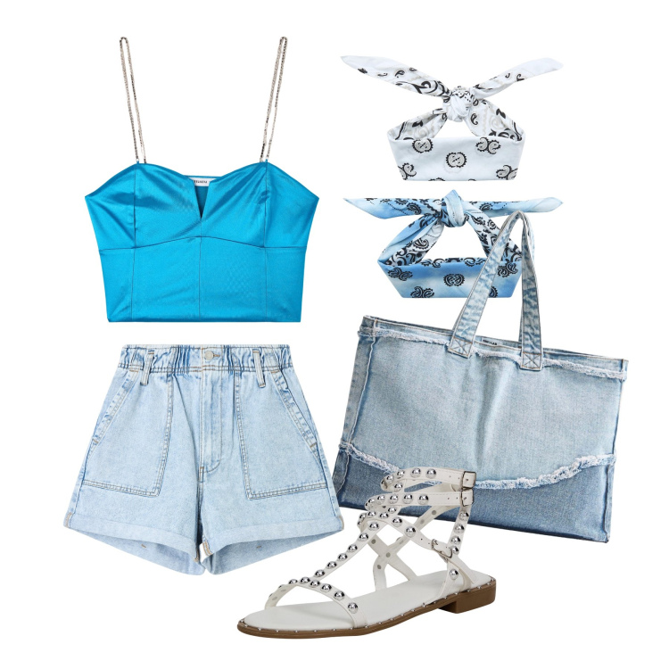 Outfit donna - Ghost outfitter - luglio. Stile Trendy per Tutti i giorni. Abbinamento con shorts, shopping bag, fasce per capelli, top, sandali.