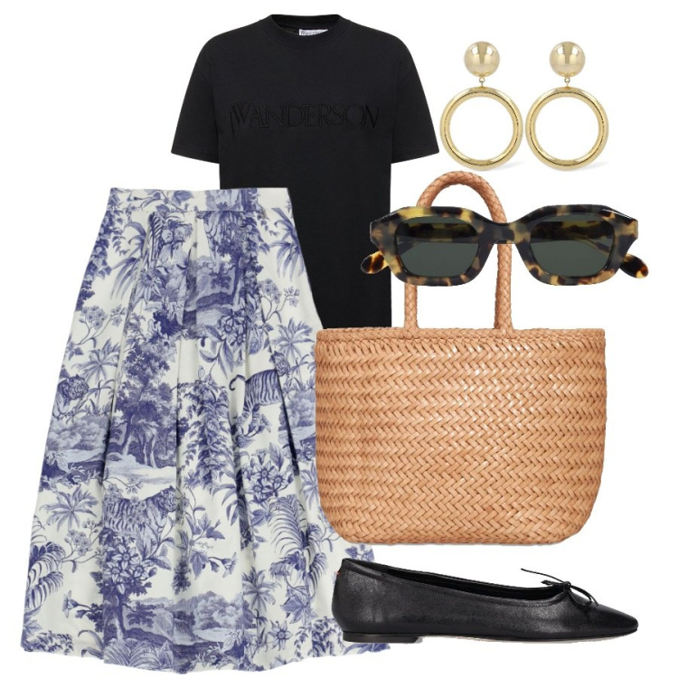 Outfit donna - New B.B.. Stile Chic per Tutti i giorni. Abbinamento con gonne longuette, borse a secchiello, orecchini, ballerine, t-shirt, occhiali da sole.