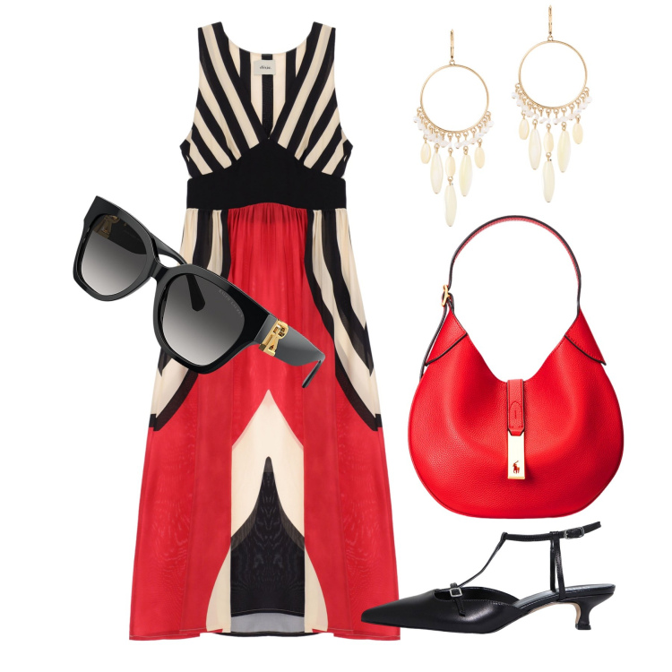 Outfit donna - Ghost outfitter - luglio. Stile Glamour per Tutti i giorni. Abbinamento con vestiti lunghi, sandali col tacco, occhiali da sole, borse a spalla, orecchini.