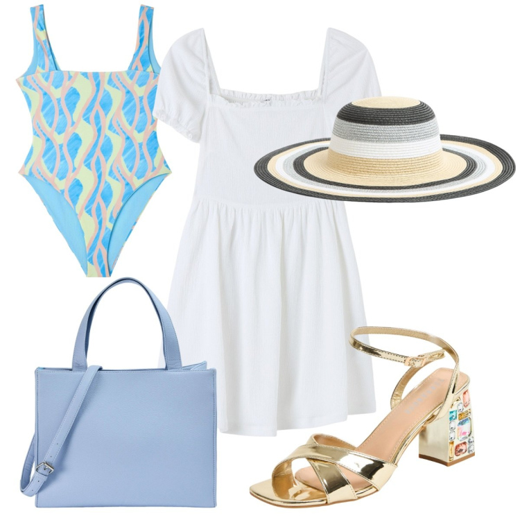 Outfit donna - Terranova: trendy al mare. Stile Trendy per Mare. Abbinamento con costumi interi, vestiti corti, sandali gioiello, shopping bag, cappelli.