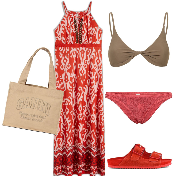 Outfit donna - Red Summer. Stile Boho per Mare. Abbinamento con vestiti, sandali, bikini, bikini, shopping bag.