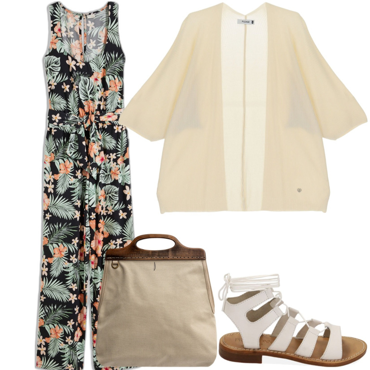 Outfit donna - Flower Jumpsuite. Stile 70s per Tutti i giorni. Abbinamento con tute, cardigans, sandali alla schiava, borse a tracolla.