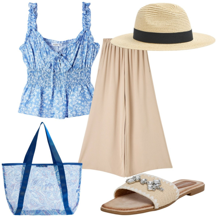 Outfit donna - Terranova boho. Stile Boho per Tutti i giorni. Abbinamento con cappelli, ciabatte, top, pantaloni, shopping bag.