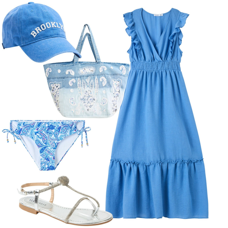 Outfit donna - Al mare. Stile Casual chic per Mare. Abbinamento con vestiti lunghi, bikini, cappelli, shopping bag, ciabatte.