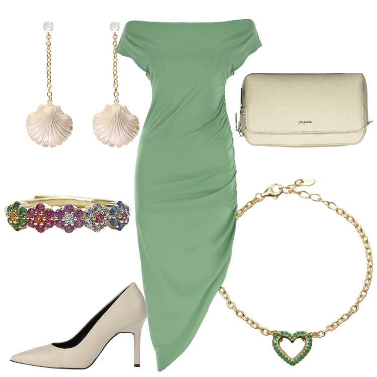 Outfit donna - Superchic. Stile Trendy per Cerimonia. Abbinamento con décolleté, anelli, braccialetti, vestiti lunghi, orecchini, borse a tracolla.