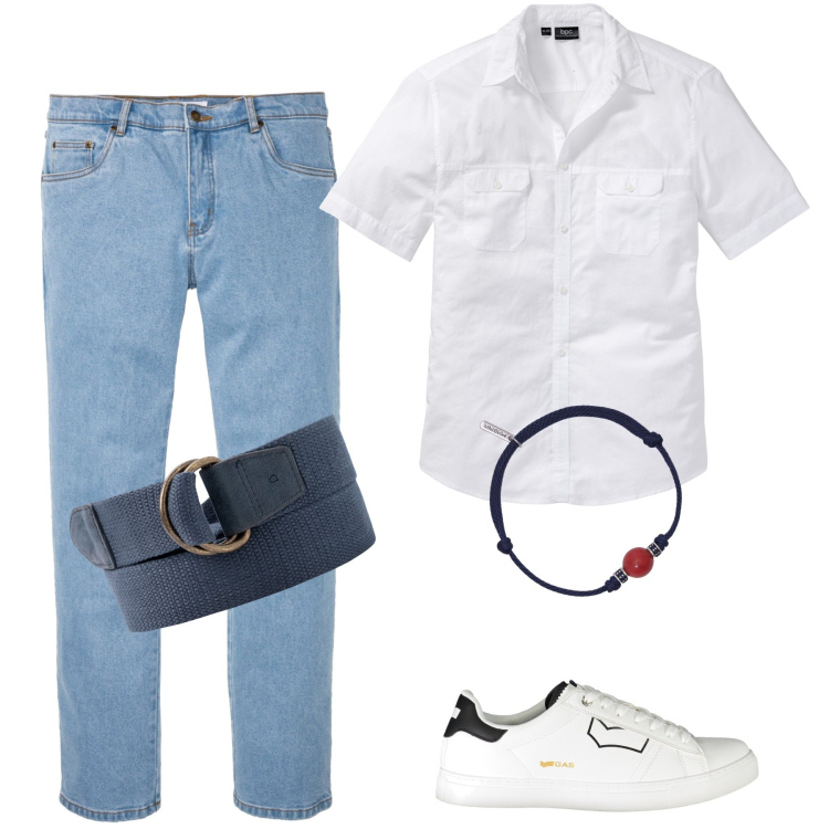 Outfit uomo - Jeans e camicia. Stile Urban per Tutti i giorni. Abbinamento con camicie a manica corta, jeans dritti, braccialetti, sneakers, cinture.