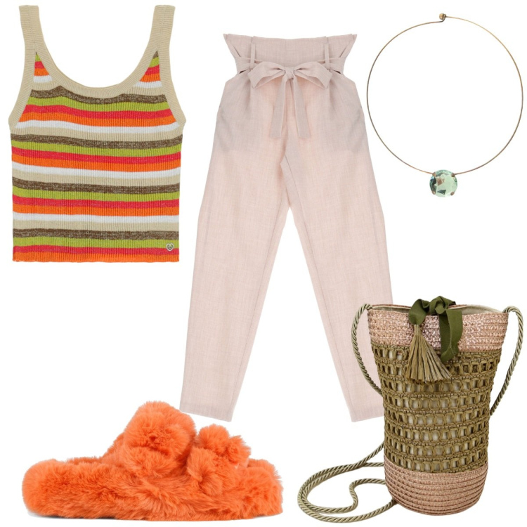 Outfit donna - Trendissima con Please. Stile Trendy per Tutti i giorni. Abbinamento con pantaloni, maglieria, ciondoli, borse a secchiello, ciabatte.