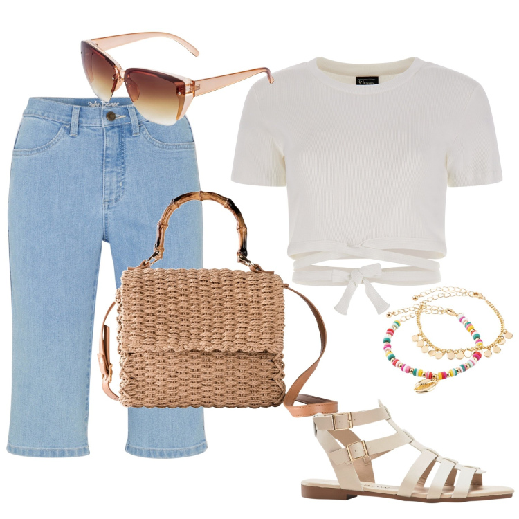 Outfit donna - La borsa in paglia. Stile Trendy per Tutti i giorni. Abbinamento con bermuda, occhiali da sole, sandali, borse a mano, braccialetti con ciondoli, top.