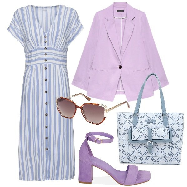 Outfit donna - In uffico a luglio. Stile Bon Ton per Ufficio. Abbinamento con vestiti, sandali col tacco, occhiali da sole, blazer, borse a spalla.