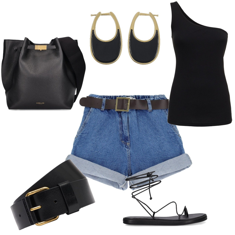 Outfit donna - Total look #1910180. Stile Casual chic per Tutti i giorni. Abbinamento con shorts, top, cinture, borse a mano, orecchini, sandali in pelle.