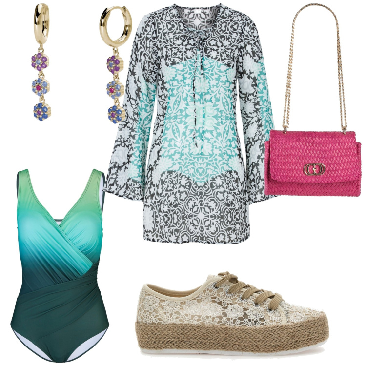Outfit donna - Curvy chic festa in spiaggia. Stile Chic per Mare. Abbinamento con vestiti da spiaggia, costumi interi, borse a mano, orecchini, espadrillas.