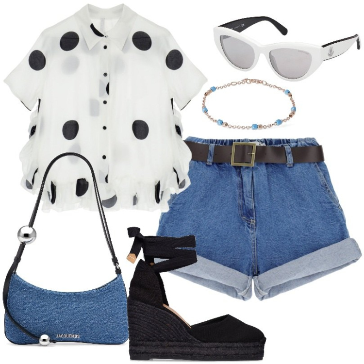 Outfit donna - Shorts di jeans e camicia a pois. Stile Trendy per Tutti i giorni. Abbinamento con camicie a manica corta, shorts, braccialetti, borse a spalla, espadrillas, occhiali da sole.