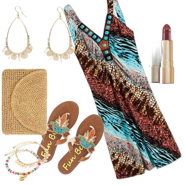 Outfit donna - Colori d\'estate. Festa in spiaggia. Stile Boho per Mare. Abbinamento con vestiti, braccialetti con ciondoli, rossetti, pochette, orecchini, ciabatte.
