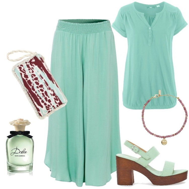 Outfit donna - Pantalone dalla linea fluente. Stile Casual per Tutti i giorni. Abbinamento con maglieria, pantaloni culotte, profumi, braccialetti, pochette, zoccoli.
