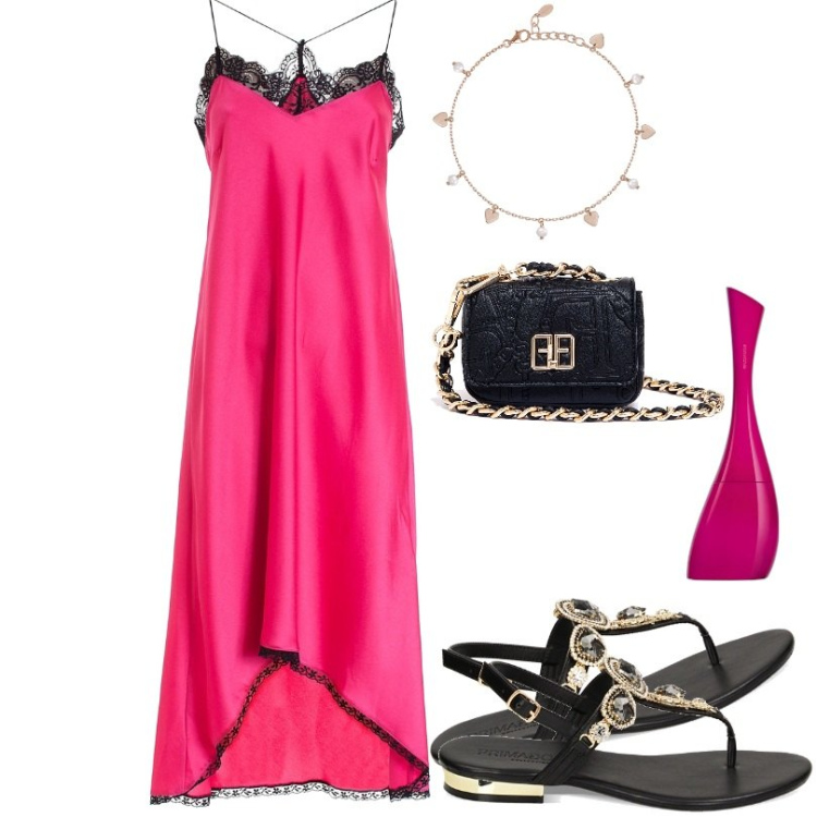 Outfit donna - Intraprendi un viaggio lento e sensuale. Stile Sexy per Serata fuori. Abbinamento con profumi, braccialetti con ciondoli, marsupi, vestiti midi/longuette, ciabatte.