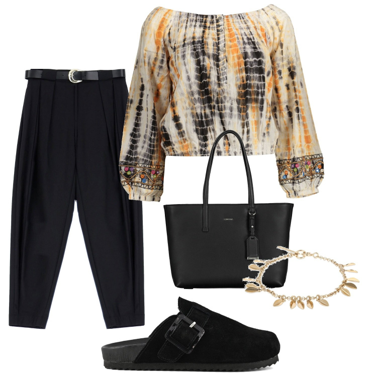 Outfit donna - Total look #1910215. Stile Casual per Tutti i giorni. Abbinamento con pantaloni, sabot, t-shirt, braccialetti, borse a spalla.