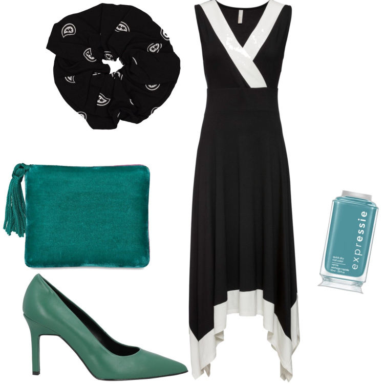 Outfit donna - Gli accessori colorati sul bianco nero. Stile Chic per Serata fuori. Abbinamento con vestiti midi/longuette, décolleté, smalti, pochette, accessori per capelli.