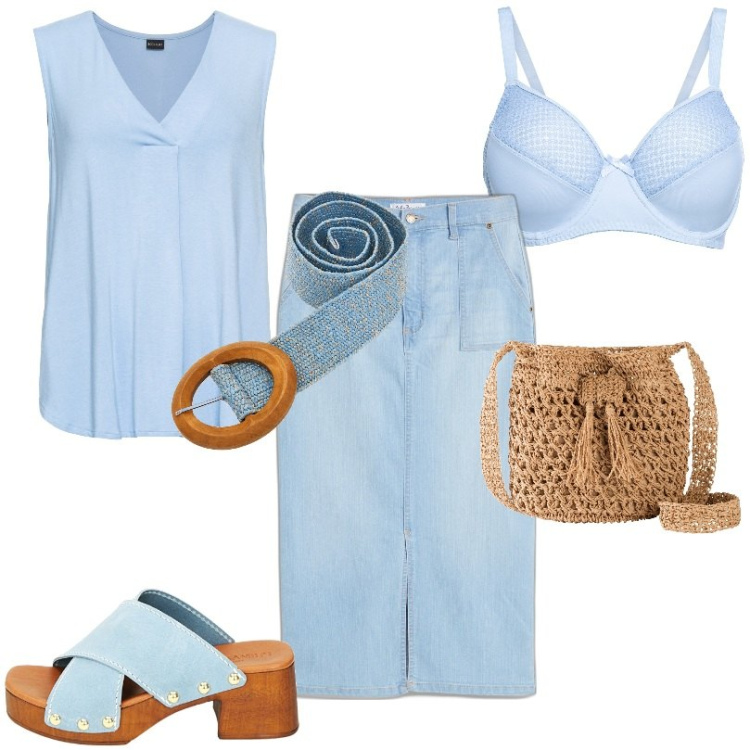 Outfit donna - Borsa a sacco moderna effetto paglia. Stile Casual per Ufficio. Abbinamento con top, gonne, reggiseno, borse a tracolla, sandali col tacco, cinture.